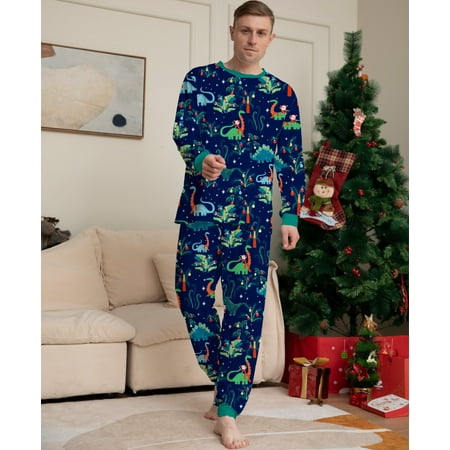 

Blueek Parent-Child Warm Christmas Suit Stitching Dinosaur Print Home Clothes Pajamas Long-Sleeved Trousers Two-Piece Set( Dad)