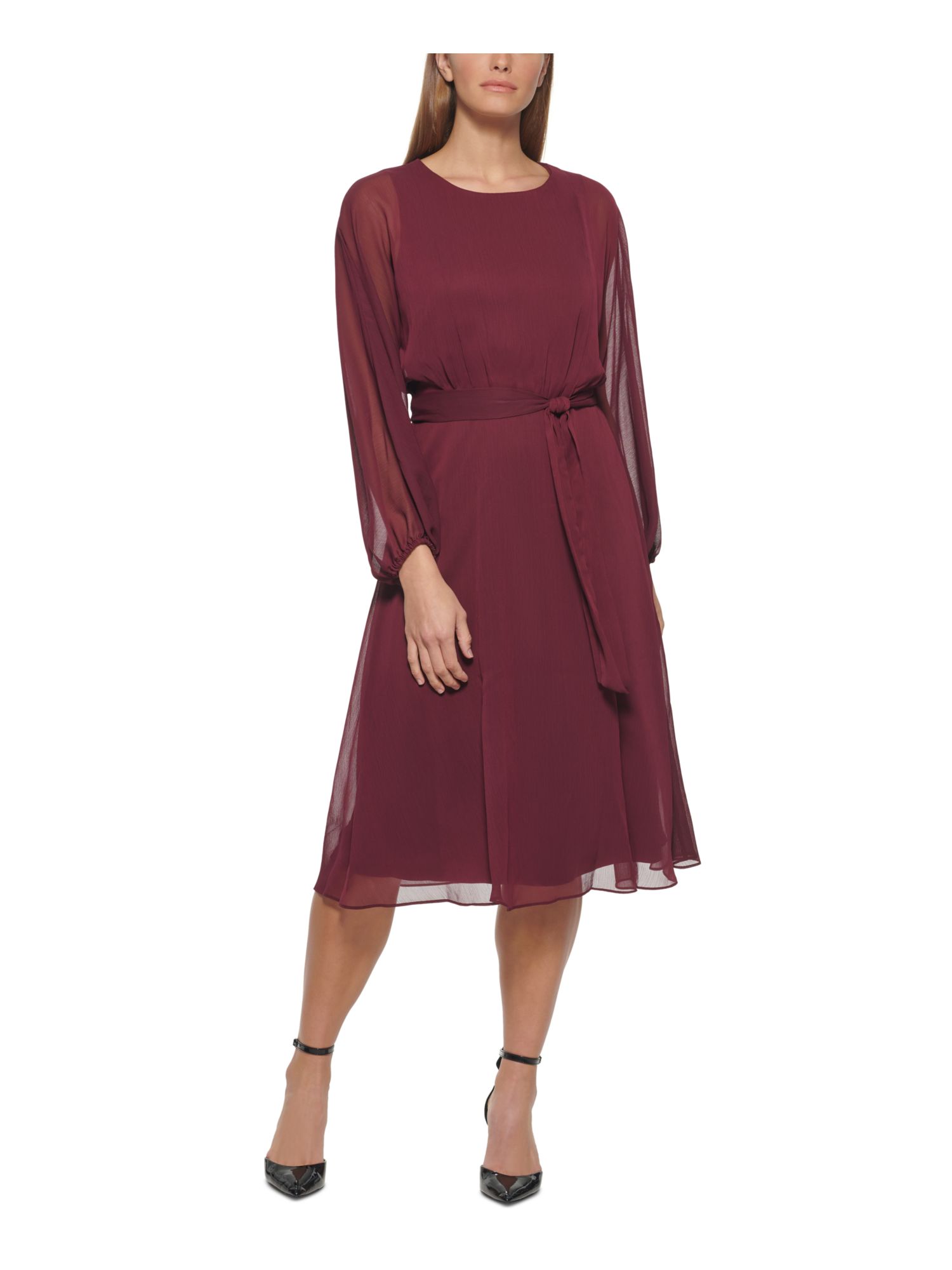 DKNY Womens Burgundy Zippered Sheer Self Tie Elastic Cuff Lined Blouson Sleeve Round Neck Midi