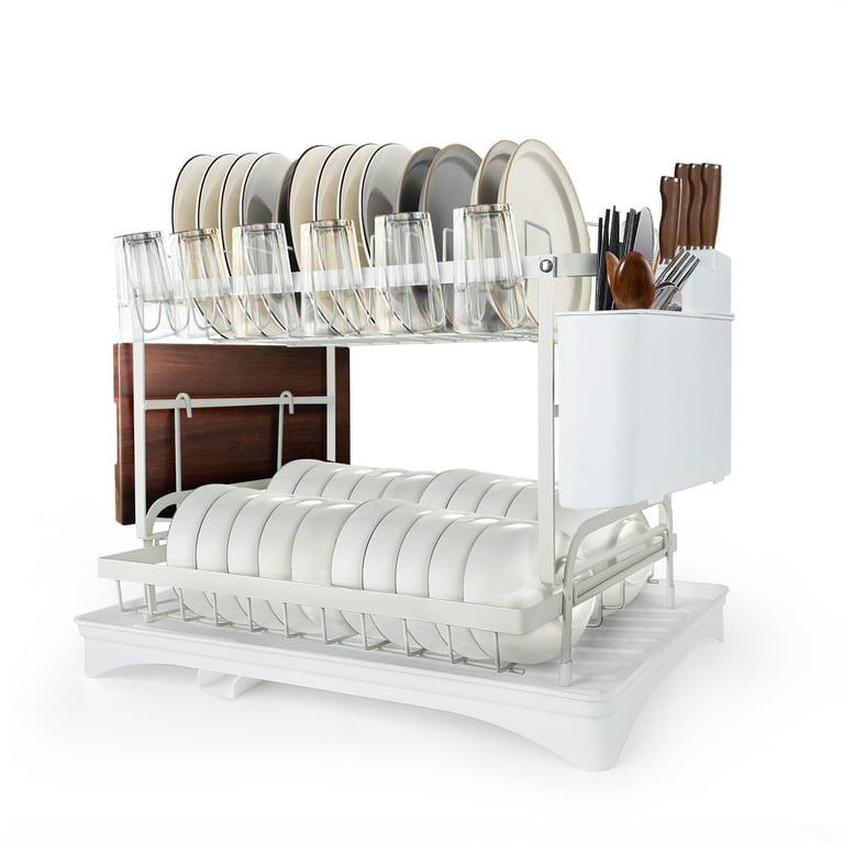 Home Shark Kitchen Dish Drying Rack Set, 2 Tier White Anti-rust Dish Drainer Rack with Drainage Spout