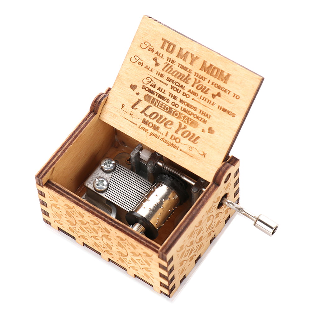 Wooden Music Theme Box Engraved Hand Crank Handmade Toys Kids Birthday Gift Xmas 