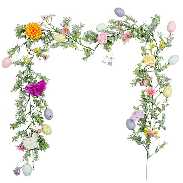 Decoración de Pascua multifuncional: esta colorida corona de 68,9 pulgadas presenta huevos de Pascua y enredaderas, adecuada para cualquier decoración con temática de Pascua, agregando un ambiente fes