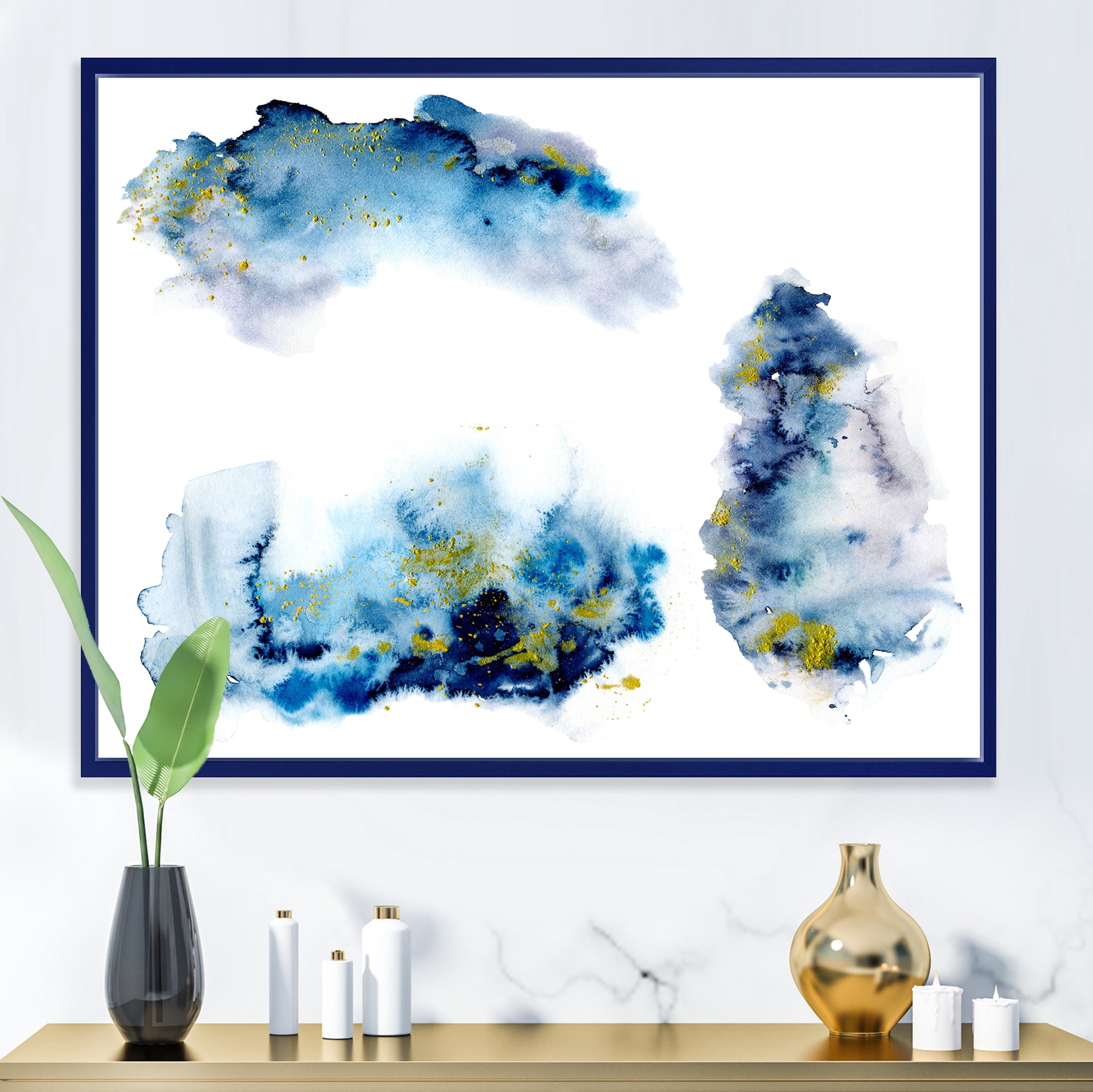 Designart 'Gray and Blue Clouds With Golden Glitter' Modern Framed Canvas Wall Art Print