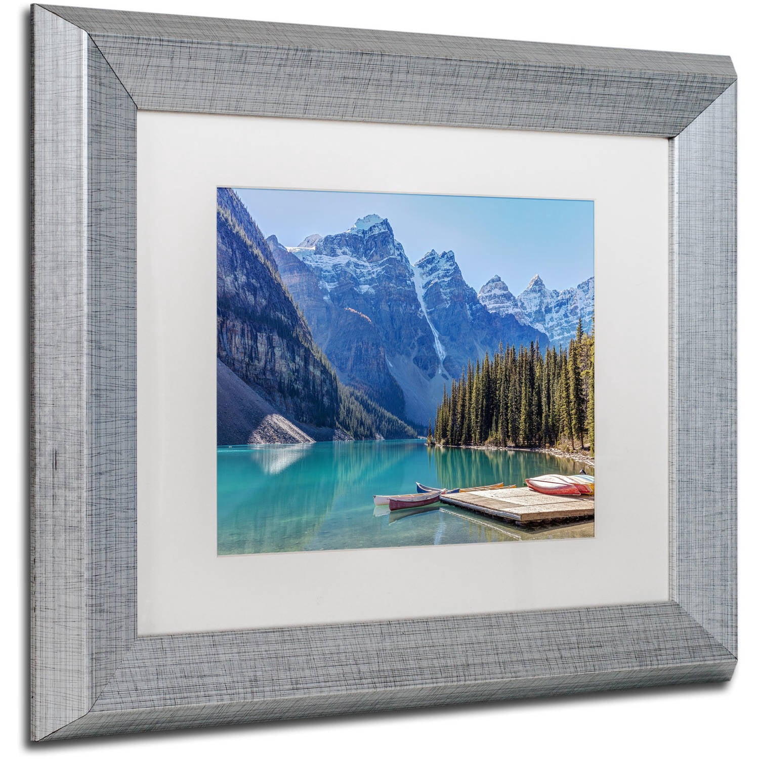 Trademark Fine Art 'Moraine Lake Canoes' Canvas Art by Pierre Leclerc, White Matte, Silver Frame