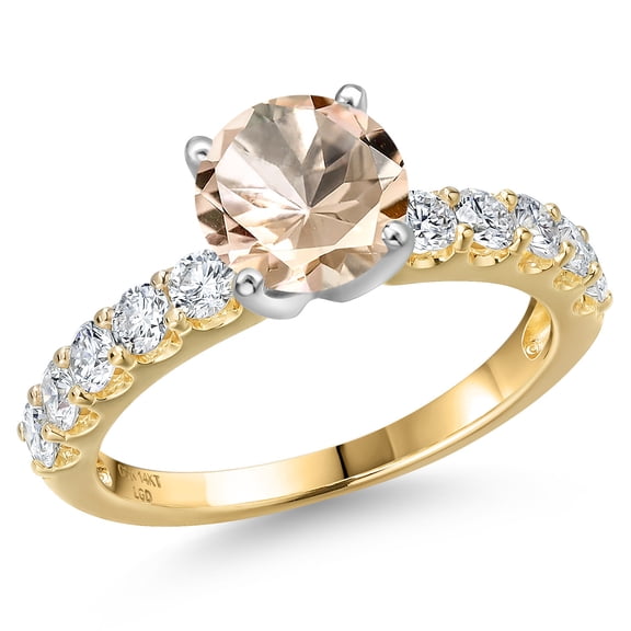 Gem Stone King 14K Two Tone Gold Peach Morganite and Lab Grown Diamond Engagement Ring for Women | 1.80 Cttw | Round 7MM | Gemstone October Birthstone | Size 8