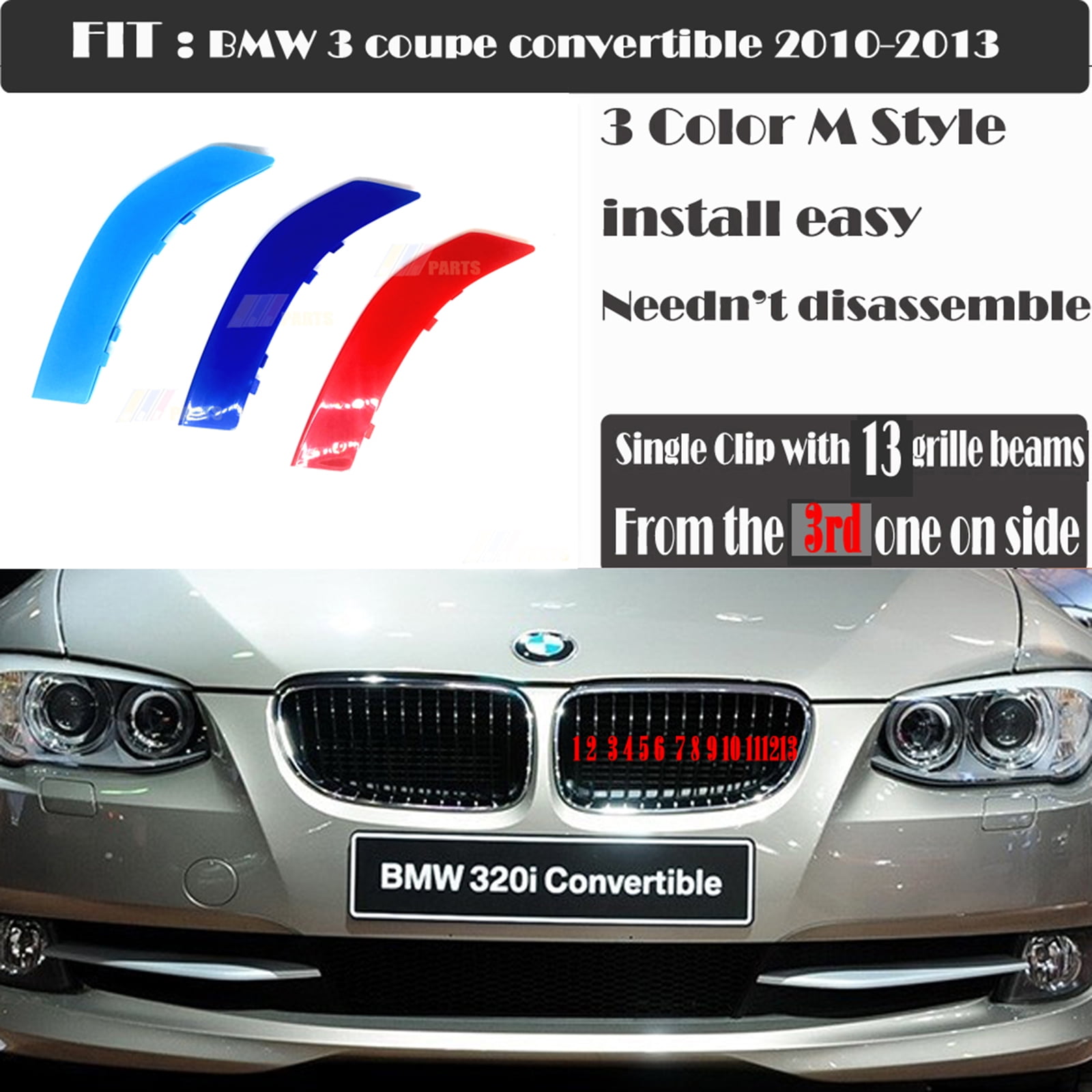 Trimla M-Colored Grille Insert Trim Performance Sport for 05-09 BMW 3 series  M3 2door E92 E93 Fit 316i 318i 320i 325d 328i 330i 330d 335i 2005 2006 2007  2008 2009 Kidney Strips Clips Cover 