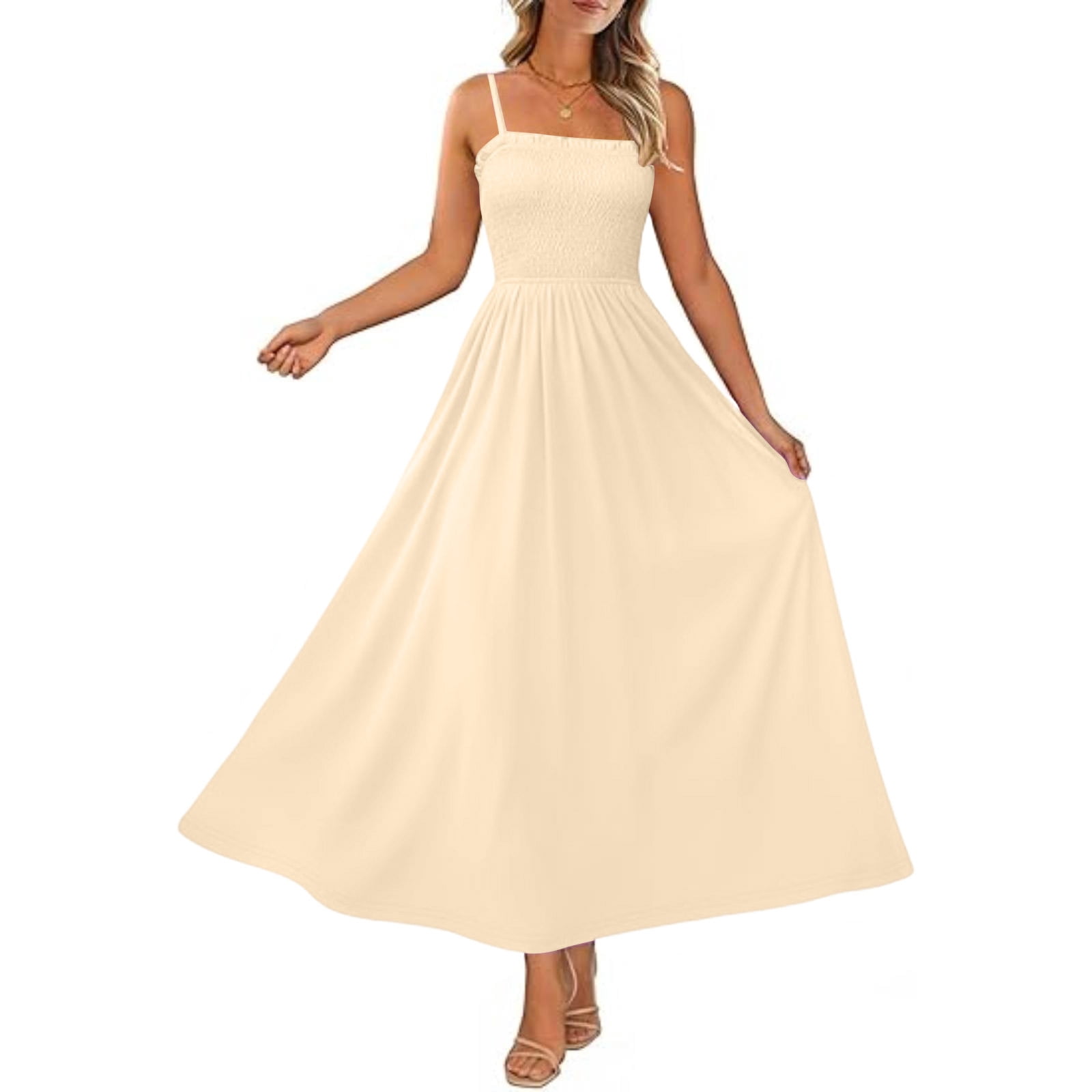 Hueook Womens Dresses Women's Bohemian Spaghetti Strap Sleeveless Long Beach Sun Dresses Solid Maxi Dress Beige S
