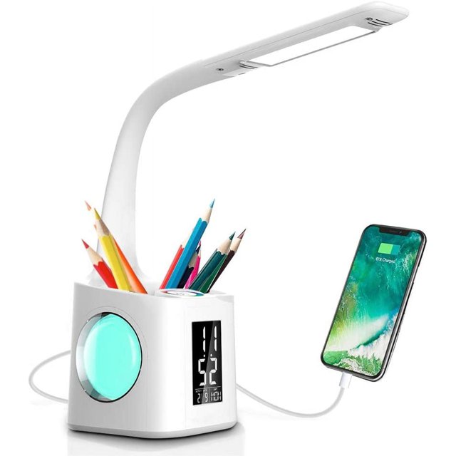 Lámpara de Escritorio Led 8W Regulable, Lámpara de Mesa con Portalápices de Protección Ocular con Campo Táctil para Luz Nocturna y 3 Niveles de Brillo, Lámpara de Escritorio con Cuello de Cisne con