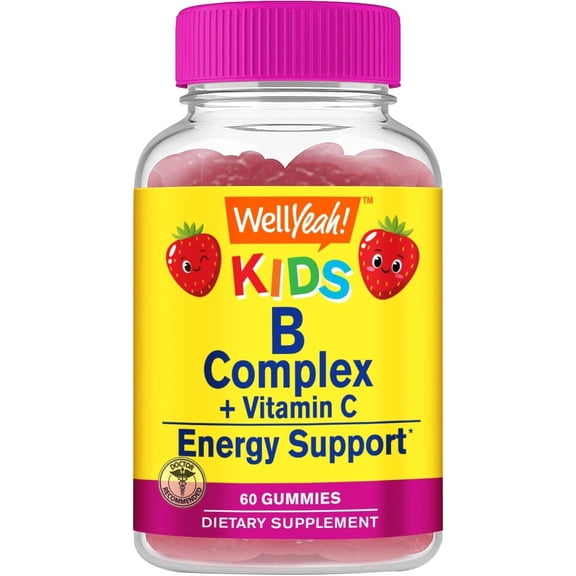 WellYeah B Complex Gummies for Kids - with Vitamin C, Niacin, Vitamin B6, Folic Acid, Vitamin B12, Biotin & Pantothenic Acid - 2 Month Supply - Strawberry Flavor - Gluten Free - 60 Gummies Supplement