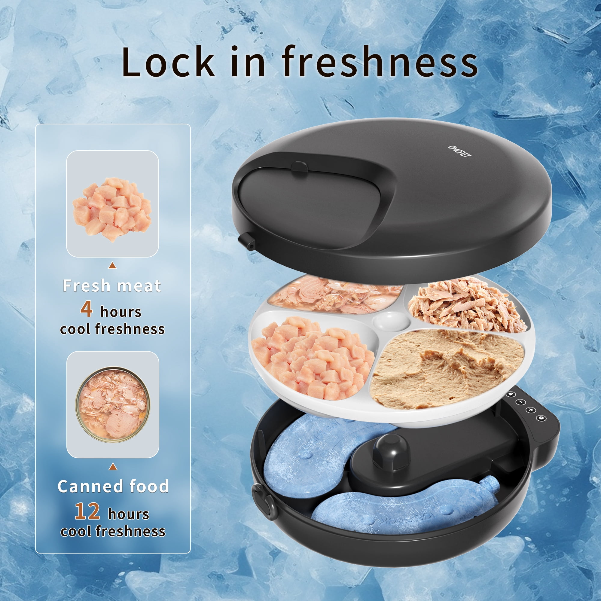 OUDOSPRS Automatic Cat Feeder Wet Food, Auto Refrigerated Wet/Dry Food Feeder with 2 Ice Packs, 4 Meal Timed Fresh Foods Dispenser for Kitty Puppy Automatic Food Bowl, Easy to Clean, Black