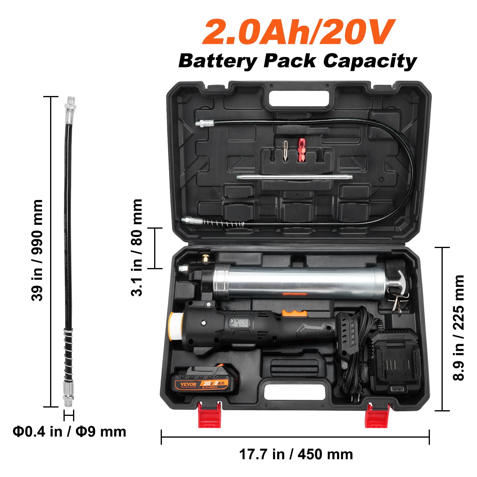 VEVOR Cordless Grease Gun, 20-Volt, 10,000 PSI, 39" Long Hose, Electric Grease Gun Kit Professional High Pressure Battery Powered Grease Gun with Carrying Case, Battery and Charger Included, Black