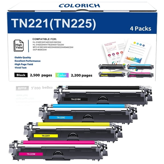 TN221 TN225 Toner Cartridge 4 Pack Compatible for Brother TN221/225 MFC-9130CW HL-3140CW HL-3170CDW HL-3180CDW MFC-9330CDW Printer Ink(BK/C/M/Y)