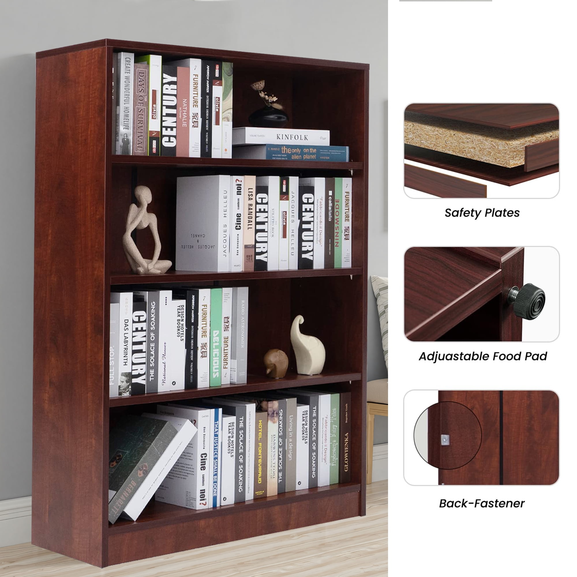 MAYEERTY Brown 4-Shelf Modern Wood Bookcase, 48" Tall, for Bedroom, Living Room, and Manga Library