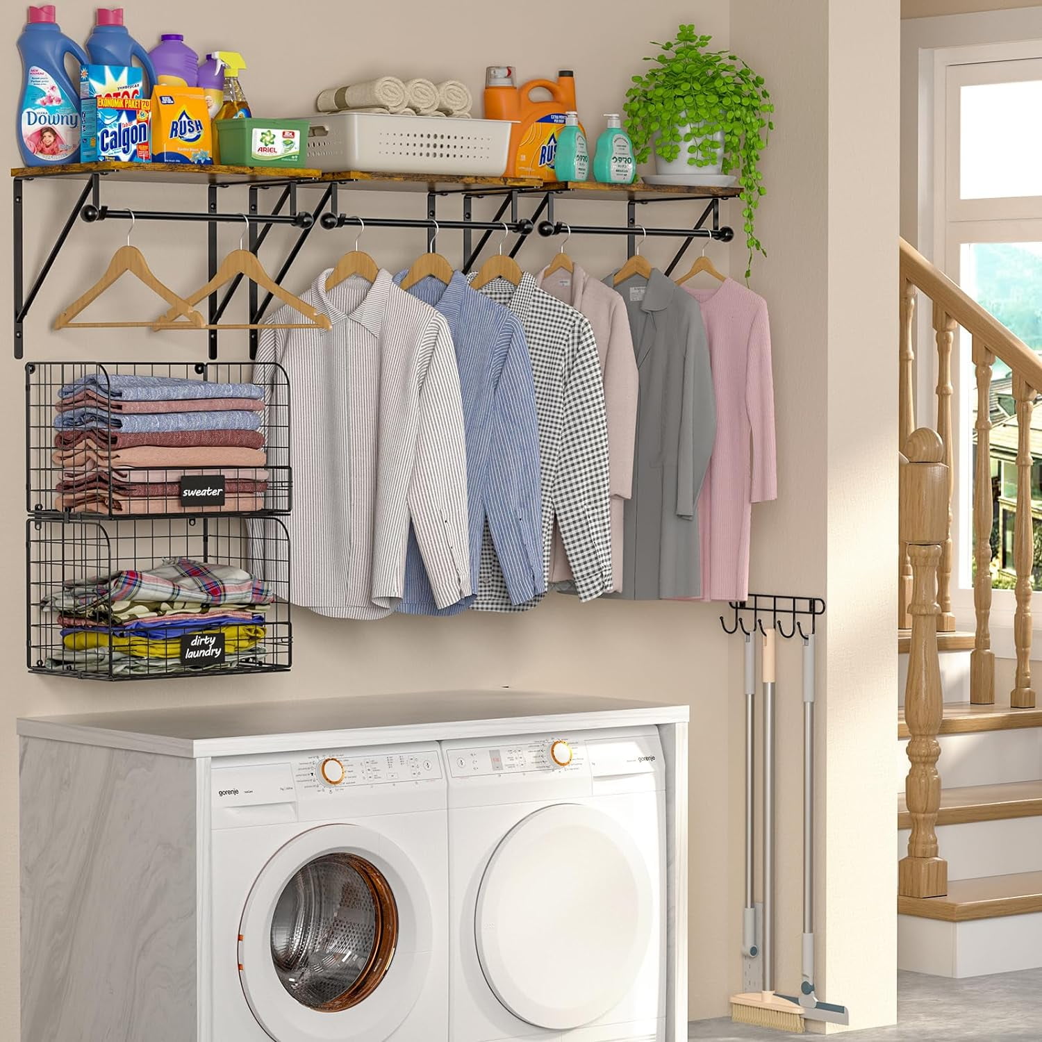Wall Mounted Laundry Room Shelves with Wire Baskets and Drying Rods, Over Washer Dryer Storage Organizer, Wood Metal Black