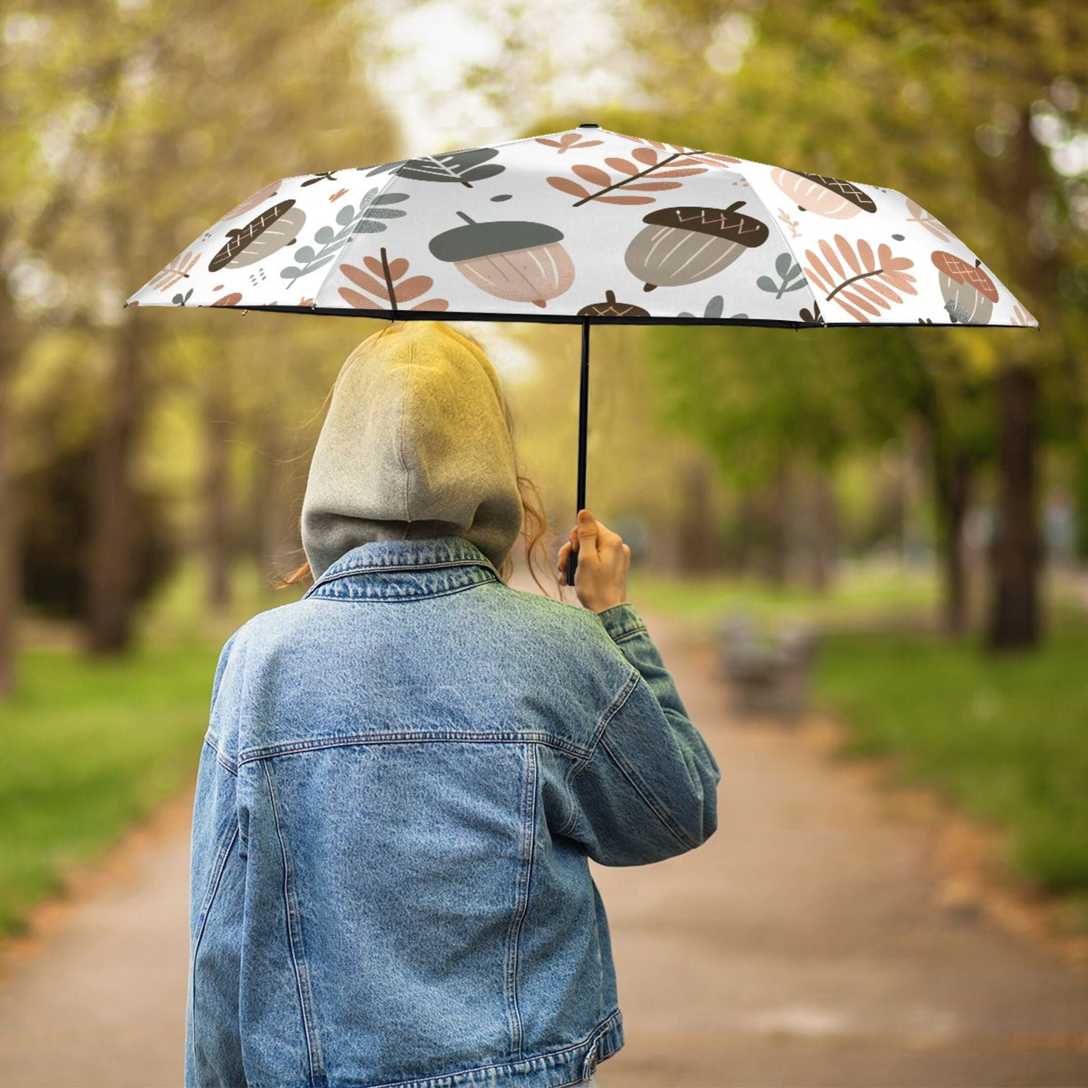 Acorn and Leaves Compact Sun Umbrella Windproof Travel Umbrellas for Rain Strong Portable UV Protection
