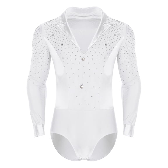 inlzdz Men Long Sleeve Glittery Rhinestone Latin Ballroom Dance Shirts Tango Figure Skating Jumpsuit White XXL