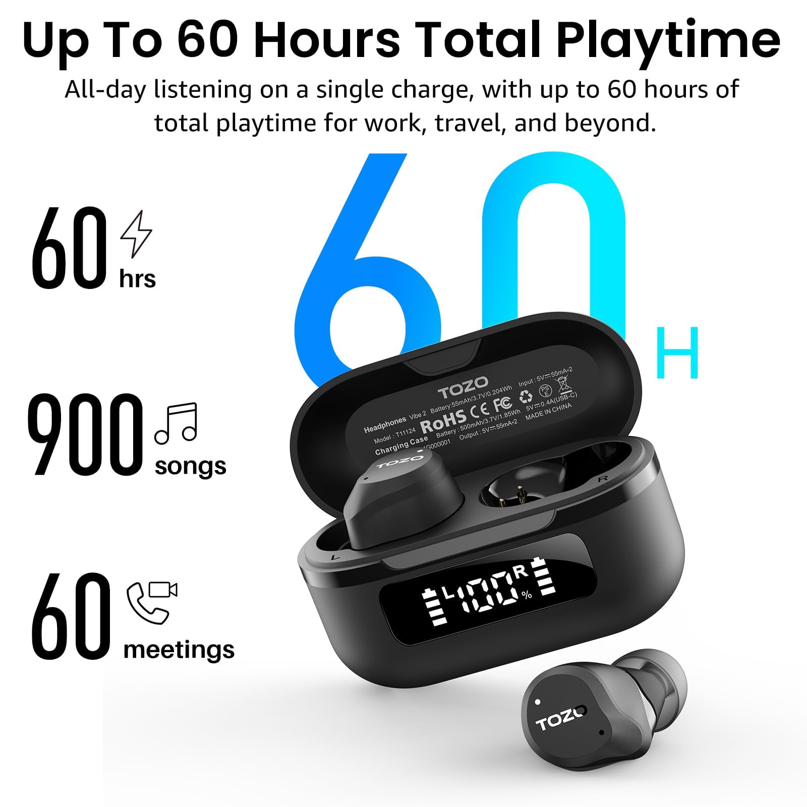 TOZO NC9 Hybrid Active Noise Cancelling Wireless Earbuds, 6 Mics ENC Clear Call, 60H Play, IPX8 Waterproof, Stereo Bass, APP-32EQ, LED Display in Ear Bluetooth Headphones, Black