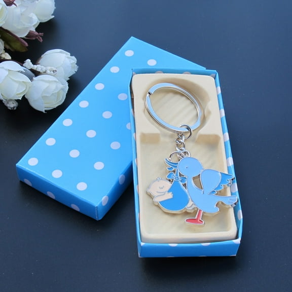 Baby Shower with Stork party Favors (12 PCS) Blue Girl Metal Keychain in Blue color Gift Box JK064B