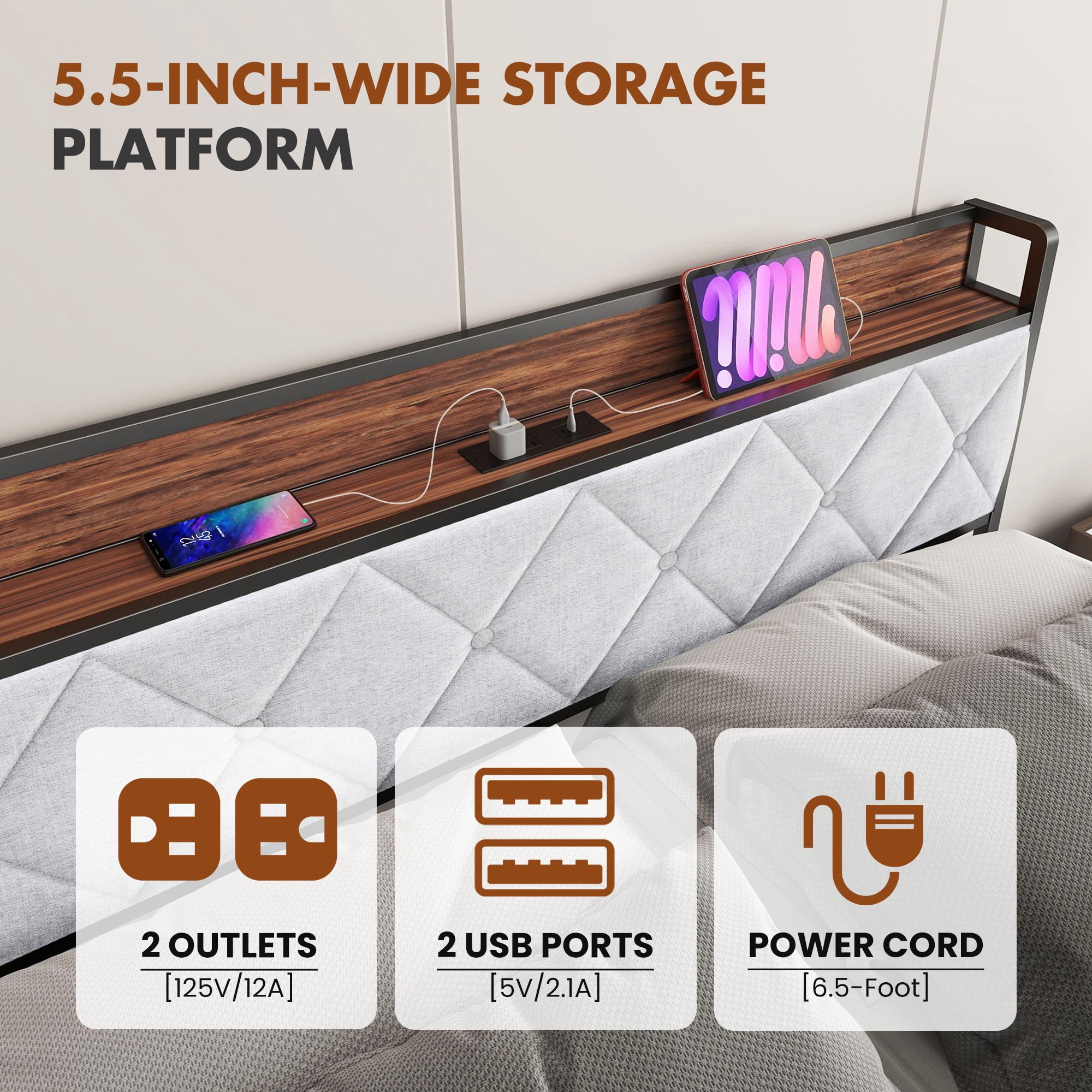 GIANNA Twin Bed Frame with Headboard, Underbed Storage, Built-in Charging Ports, Sturdy Noiseless Design, Tool-Free Assembly, No Box Spring Needed