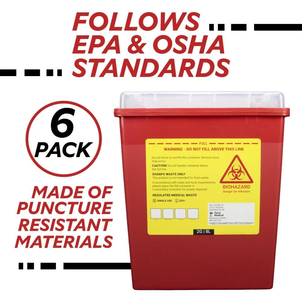 Sharps Container for Home Use & Professional, 2 Gallon (6-Pack) with Locking Lid, Biohazard Needle and Syringe Disposal, Professional Medical Grade