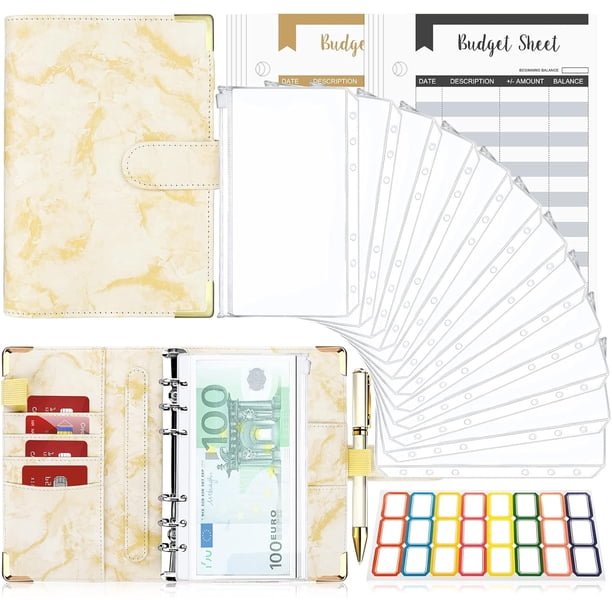 Carpeta económica con sobre económico A6 Carpeta económica Conjuntos de planificador en cuero de PU Cuaderno económico 6 anillas rellenables con bolsillos transparentes Organizador de