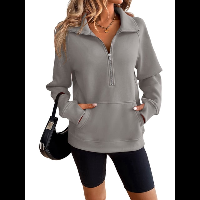 Sudadera Corta de con Cuello Alto y Media Cremallera para Mujer, Bolsillos y Abertura para el Pulgar. Gris M
