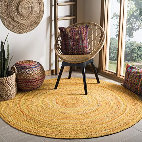 Safavieh Braided Collection BRD452D Handmade Country Cottage Reversible  Cotton Area Rug, 6' x 6' Round, Gold 
