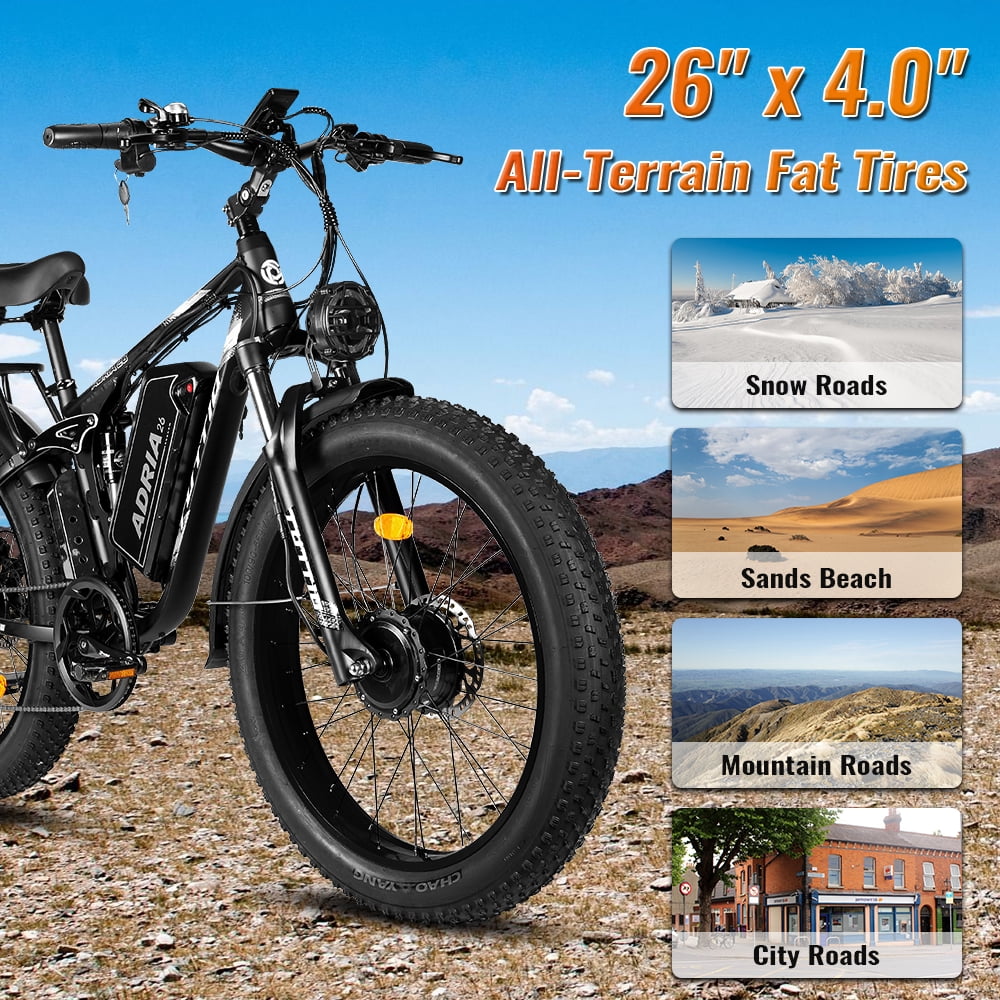 TUTTIO Adria26 Electric Mountain Bike for Adults Teen with Helmet, 5000W Men Off-Road Ebike, 26" Fat Tire Full Suspension Electric Bicycles, 7 Speed, 52V 30Ah Battery, Max 46Mph UL2849