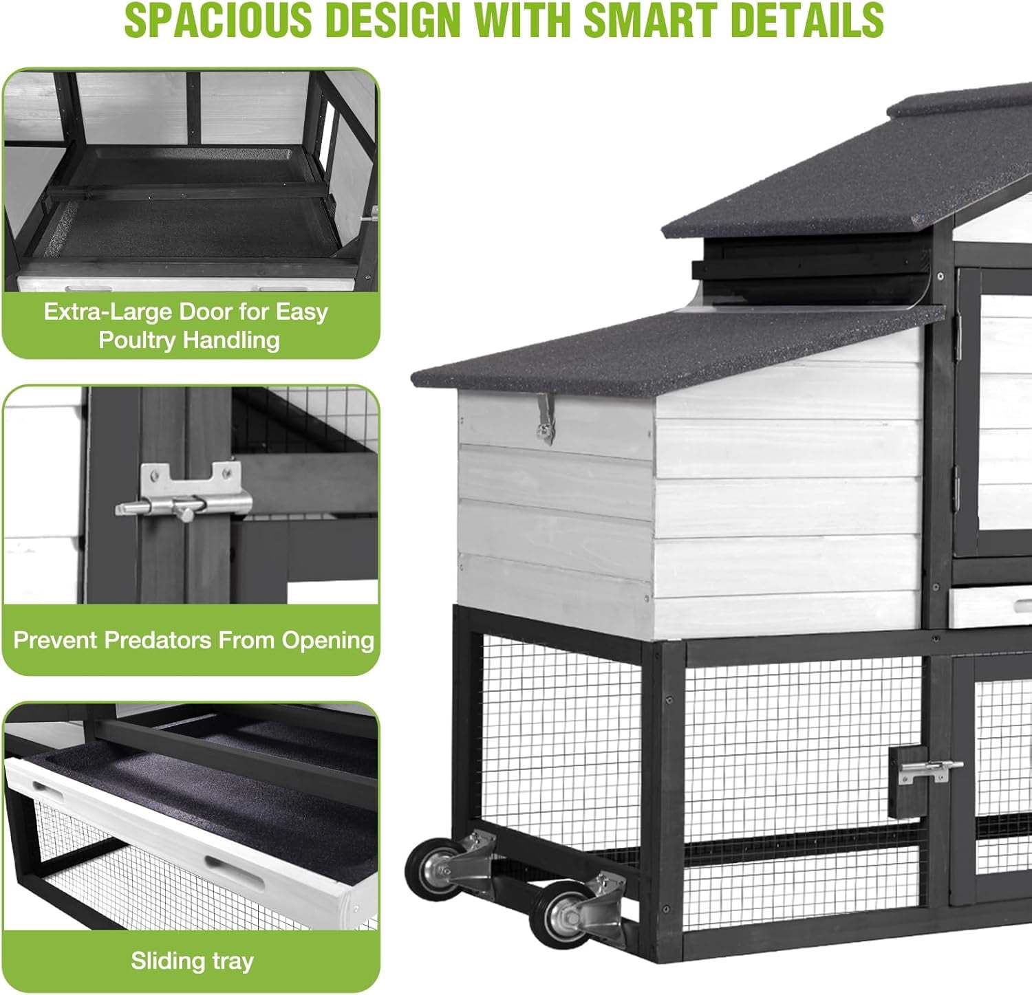 MEDEHOO Chicken Coop Mobile Chicken House On Wheel Outdoor Rabbit Hutch for 2-4 Chickens 67"(White & Black)