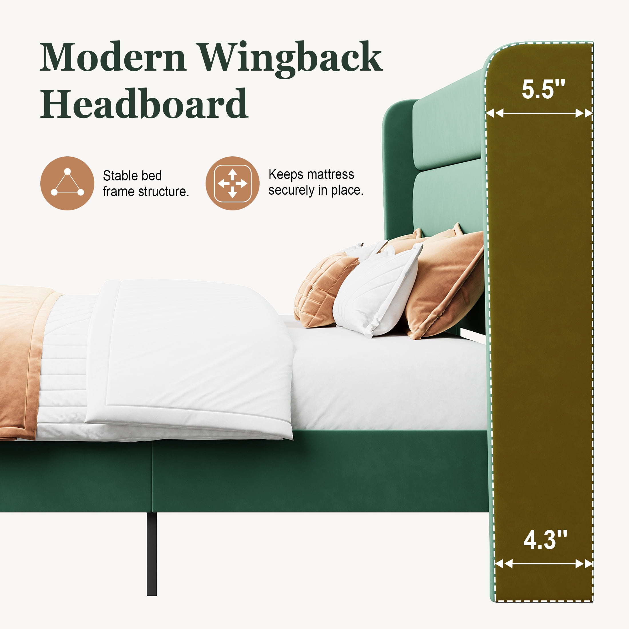 Amolife Full Size Platform Bed Frame with Velvet Upholstered Wingback Headboard, No Box Spring Needed, Green