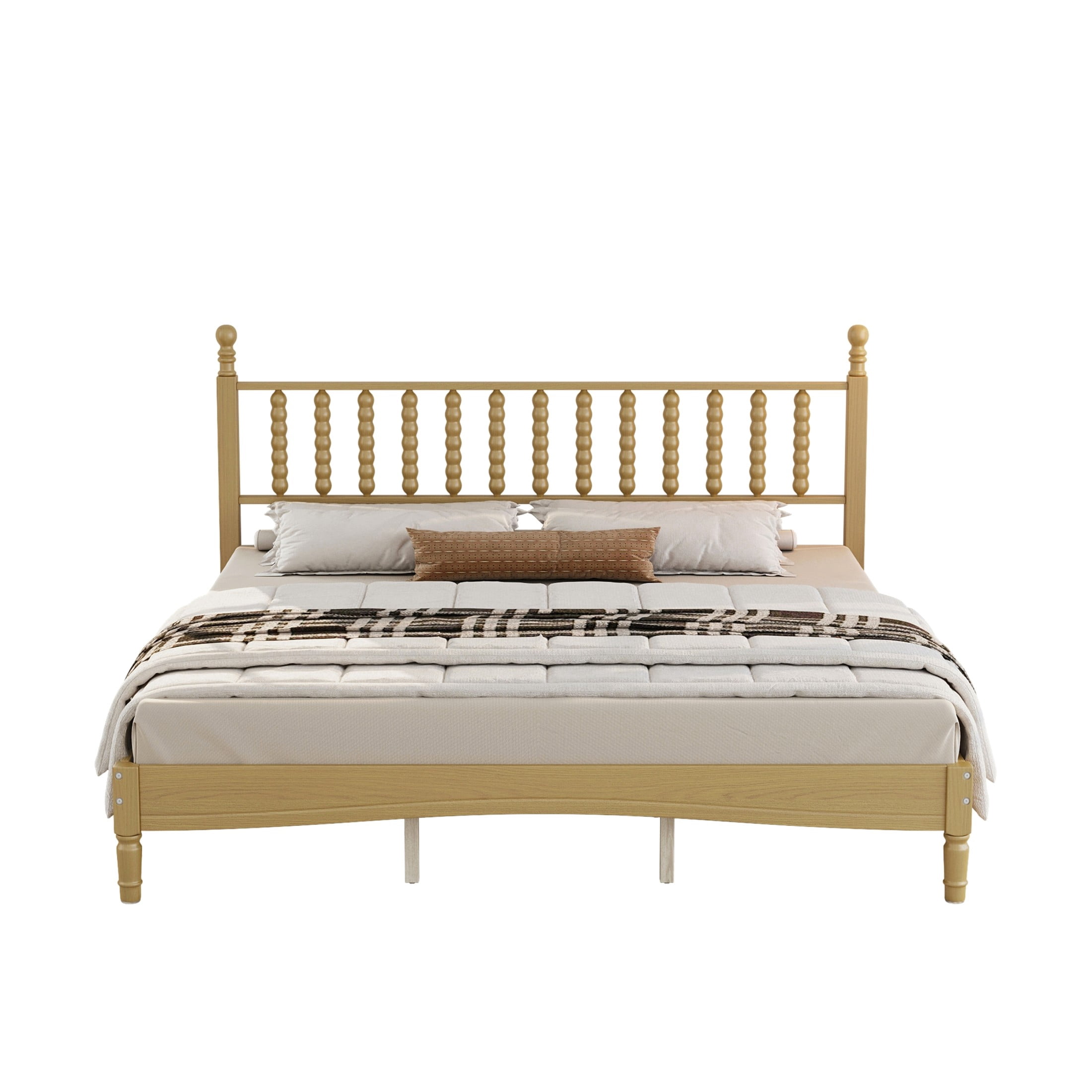 Noble House King Size Platform Bed with Gourd Shaped Headboard, Wooden Slat Support, Natural