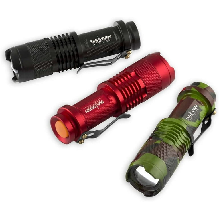 6 Tactical Mini LED Flashlights - Heavy Duty Metal Shell - Ultra Bright 300  Lumen Survival Camping Light - 2 Red, 2 Black and 2 Camo - By Sakeen