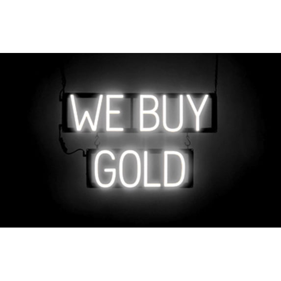 SpellBrite WE BUY GOLD LED Sign for Business. 24.3" x 15.0" White WE BUY GOLD Sign Has Neon Sign Look With Energy Efficient LED Light Source. Visible from 500+ Feet, 8 Animation Settings.