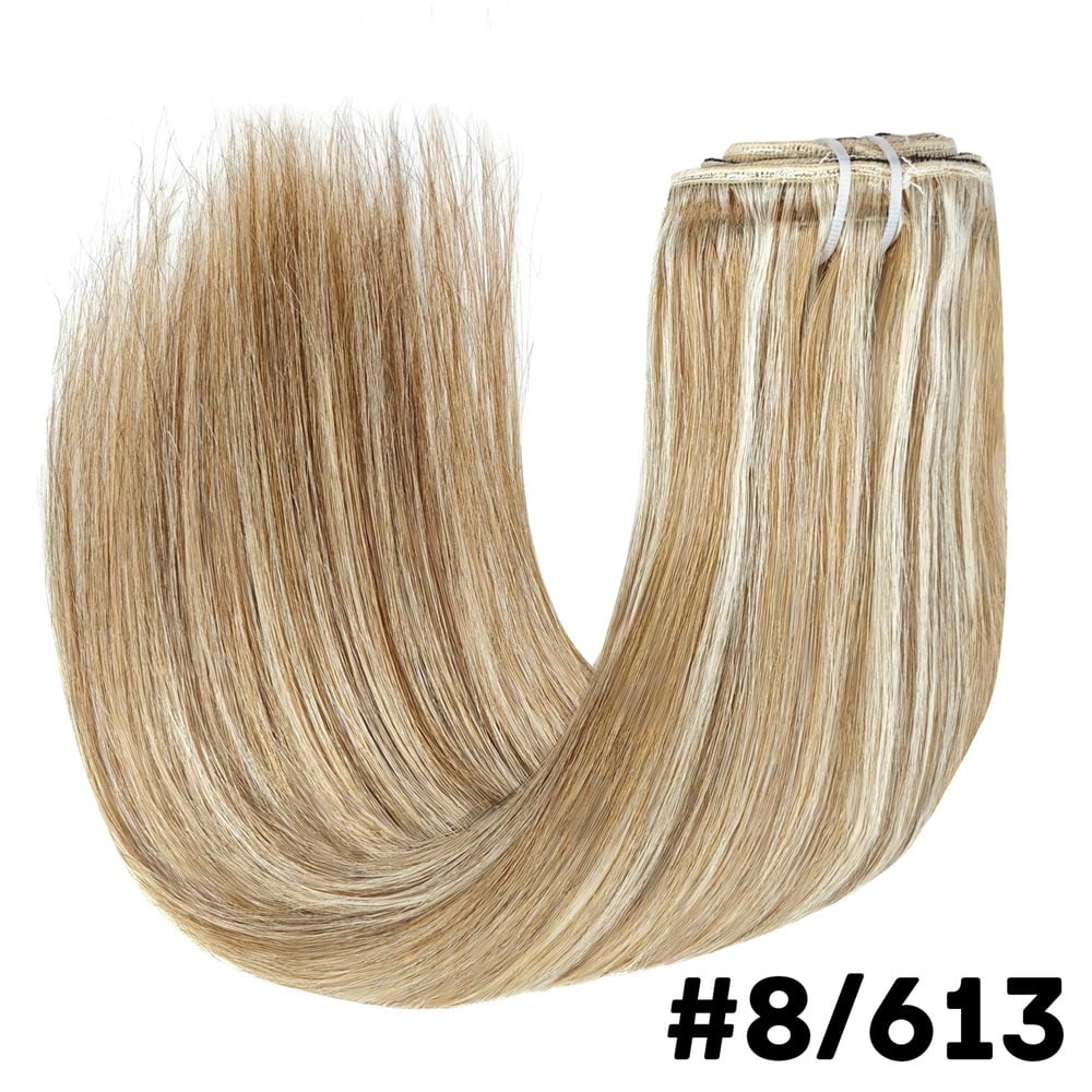 8Pcs Clip In Hair Extensions 100% Real Human Hair P8/613 Color Brown Highlight Blonde