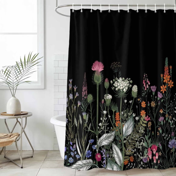 Spring Floral Waterproof Fabric Shower Curtain,Black Farmhouse Botanical Watercolor Waterproof Fabric Shower Curtain for Bathroom Curtains Bathtubs Hotel Shower Curtains with 12 Hooks Small 36x78in