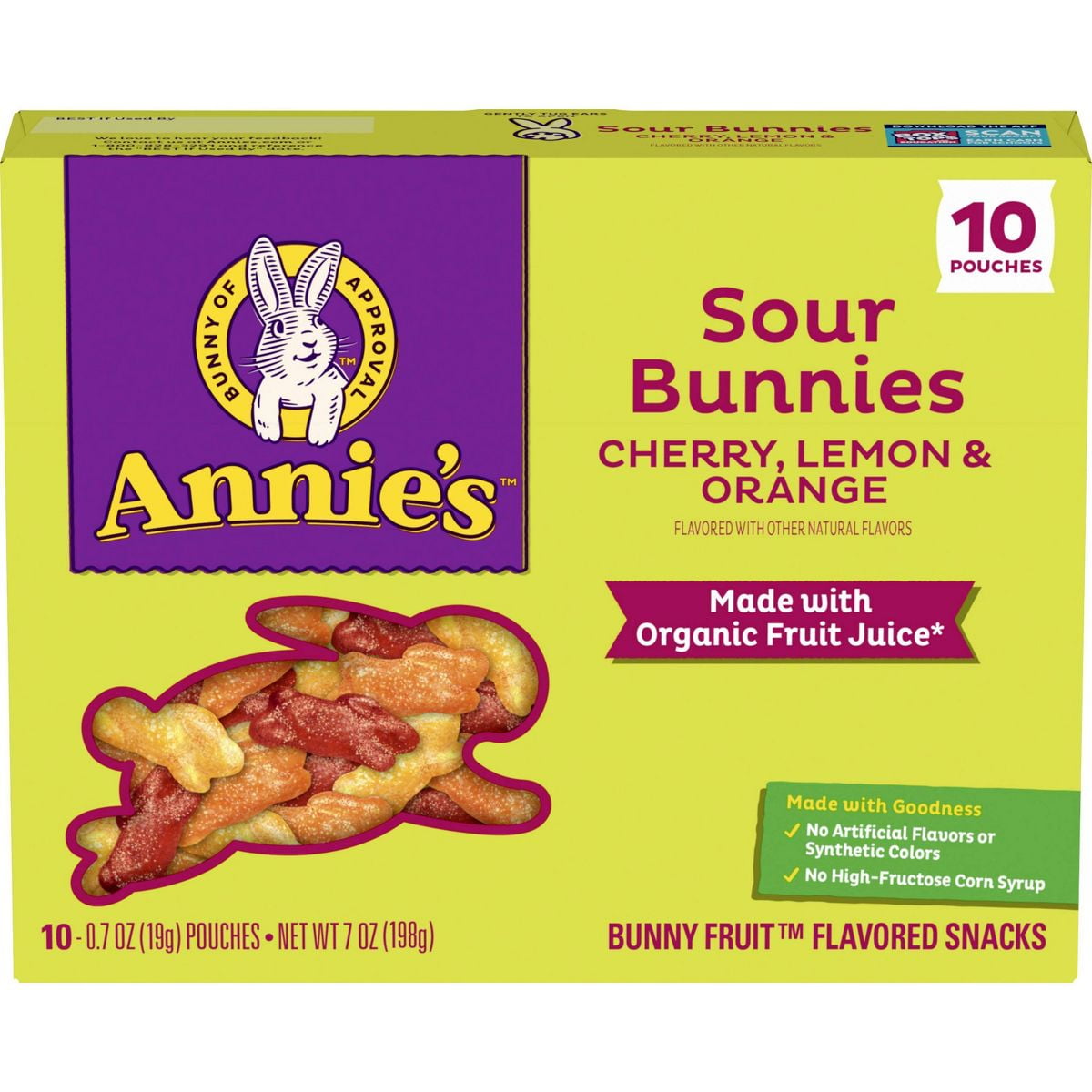 Annies Sour Bunnies Fruit Flavored Snacks, Cherry, Lemon & Orange Flavors, Made With Organic Fruit Juice, 7 Oz - Pack of 2