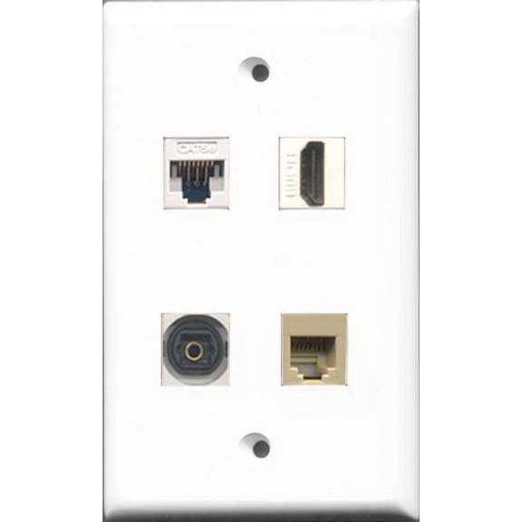 RiteAV 1 Port HDMI and 1 Port Phone RJ11 RJ12 Beige and 1 Port Toslink and 1 Port Cat5e Ethernet White Wall Plate