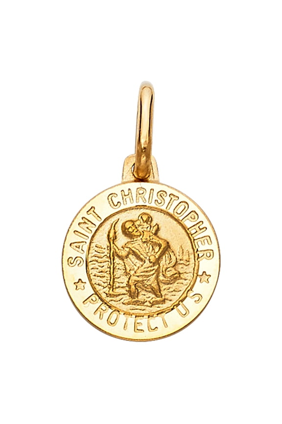 14k Yellow Gold Religious Saint Christopher Protect Us Round Medal Disc, 13mm (13mm x 13mm)