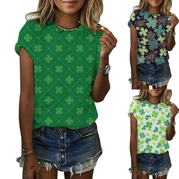 Fesfesfes Gym Clothes for Women Casual St. Patrick's Day Printed Short Sleeve Round Neck Pullover Blouse T-shirt Tops Blouse S(US:4)