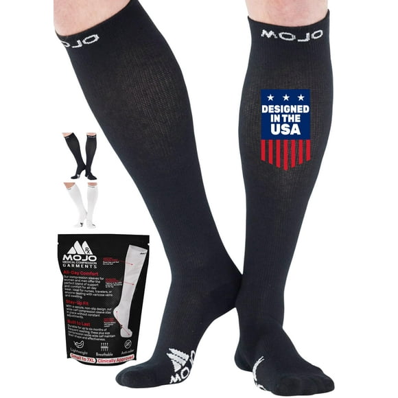 Mojo - Bas de Compression pour Femmes et Hommes 15-20 mmHg Grande Taille - Bas de Compression pour Hommes et Femmes pour Infirmières, Vols, Circulation en Voyage - Noir, 2X-grand - A106