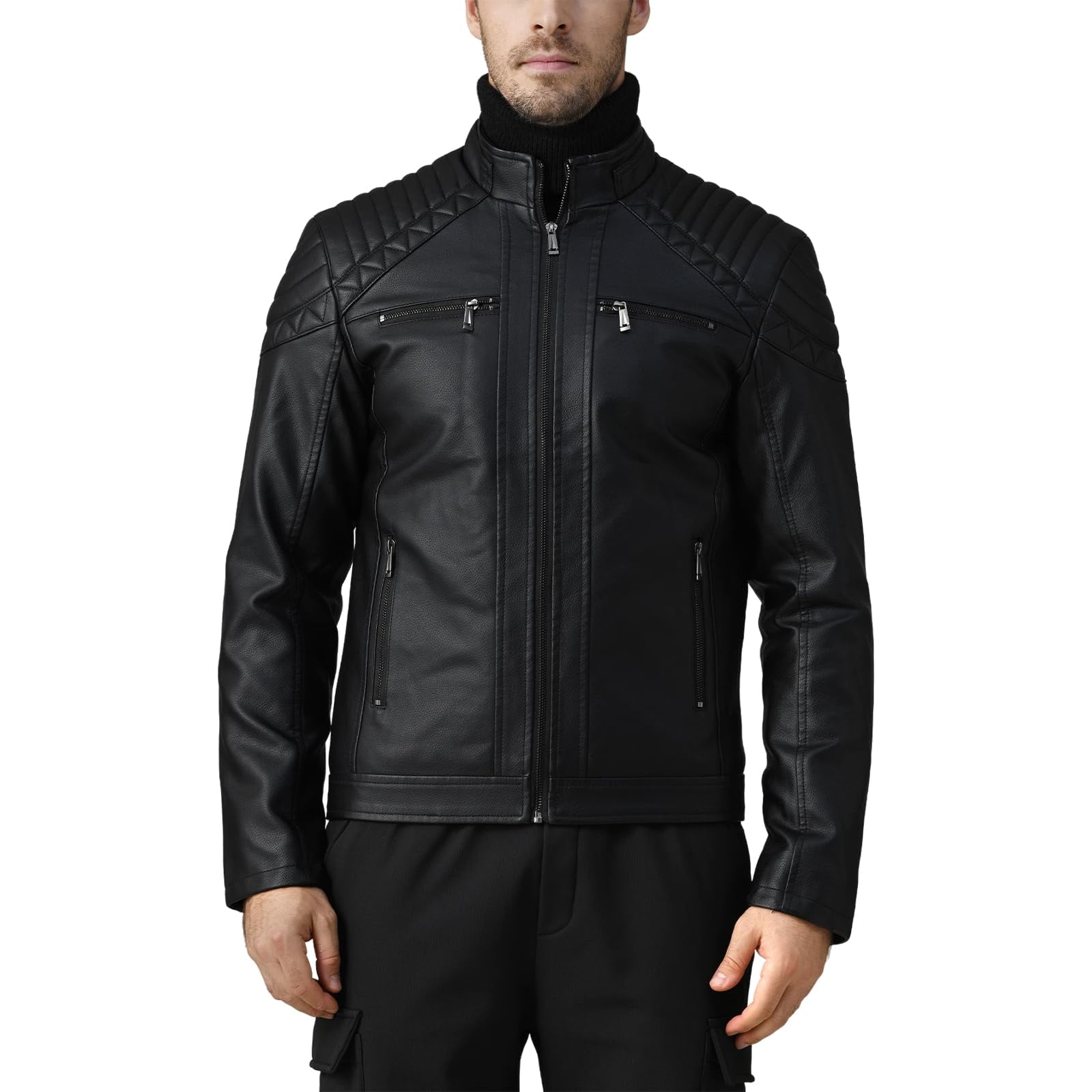 LEDUNTINO Men's Stand Collar Winter PU Faux Leather Fleece Lined Zip-Up Motorcycle Bomber Jacket Slim Fit Biker Coat