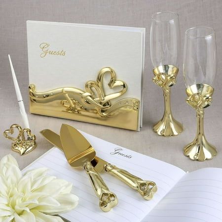 

Gold Double Heart Themed Wedding Accessory Set Cake Server/Knife Champagne Flutes Guest Book and Pen