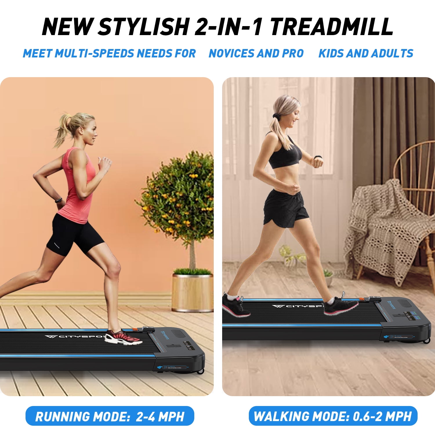Gearstone Treadmills for Home, CITYSPORTS Walking Pad Treadmill with Audio Speakers, Slim & Portable