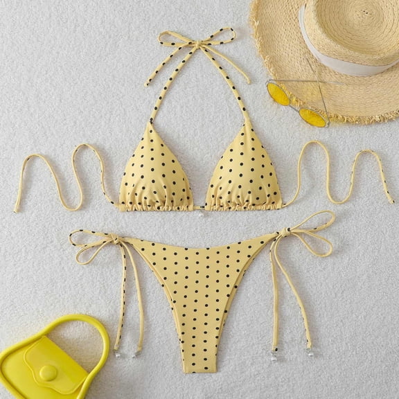 Women Brazilian Bikini Set Halter String Triangle Tie Side Cheeky Thong 2 Piece Bathing Suit Swimwear Yellow L
