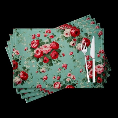

Bahomeck Placemats Set Of 4 Rectangle Linen Cotton Placemats For Dining Table Fade Resistance Washable Heat Resistant，18*12Inch Vintage Shabby Chic Roses Floral Pattern On Turquoise Background