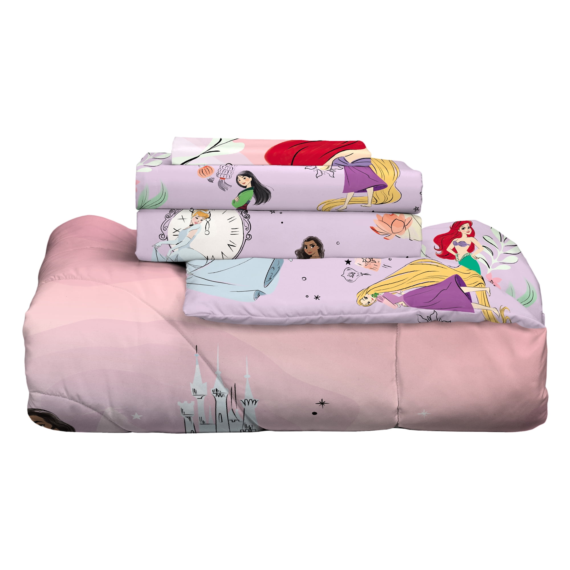 Disney Princess Kids 4 Piece Purple Reversible Comforter, Bed in a Bag, Twin