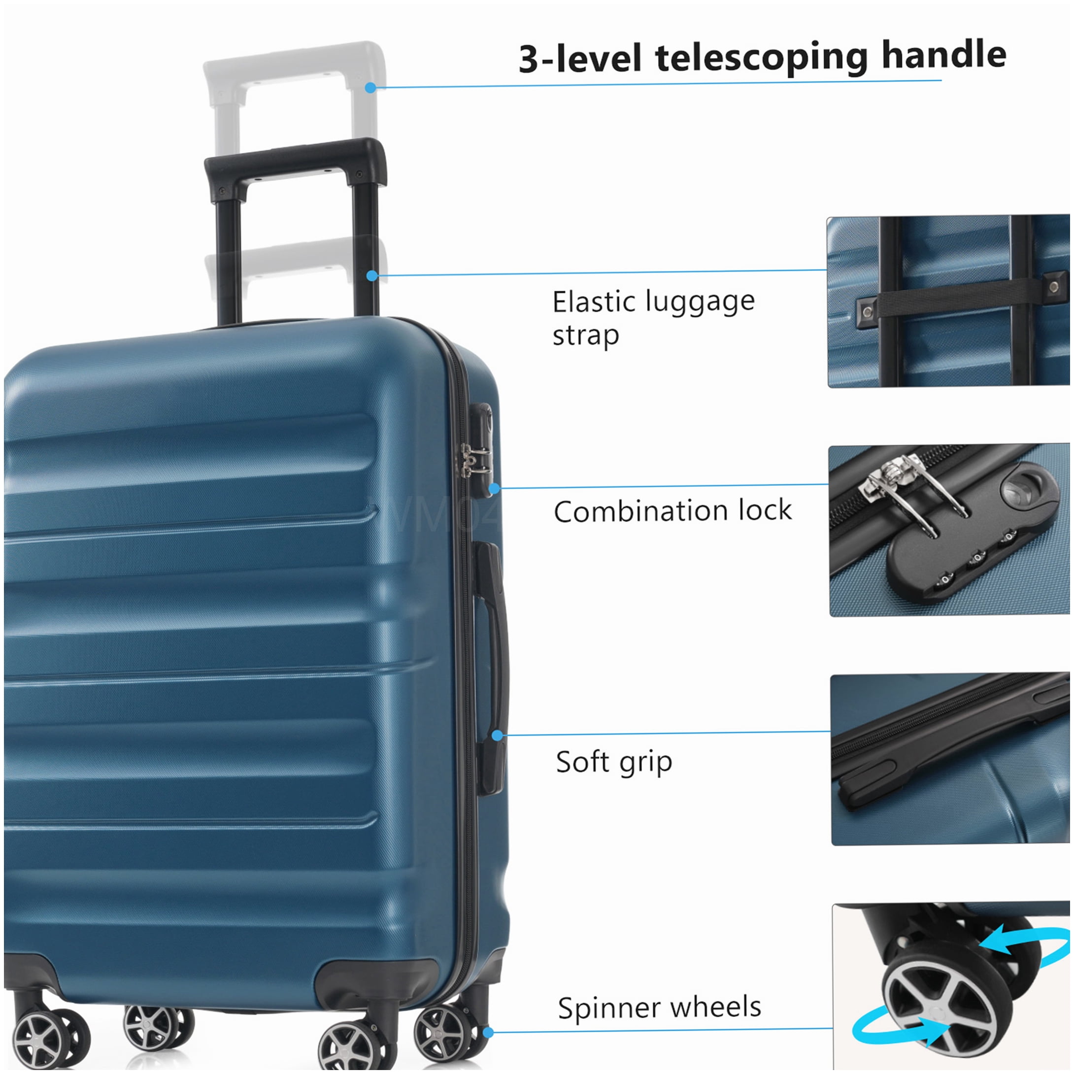 Lightweight ABS 6-Piece Hardshell Luggage Set with Spinner Wheels, Inky Blue Suitcases for Carry-On and Checked Use