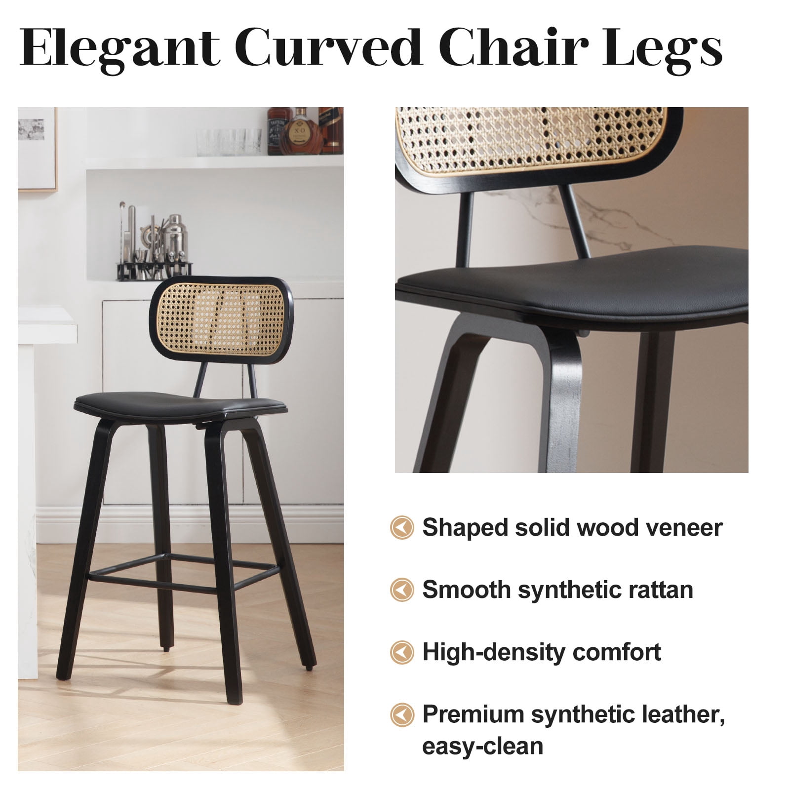 WOOW DEPOT PU Bar Stools 26" Counter Height w/ Rattan Back Set of 1, Modern Black Bent Wood Bartool Leather Upholstered Chair for Kitchen Pub Island Dining Room