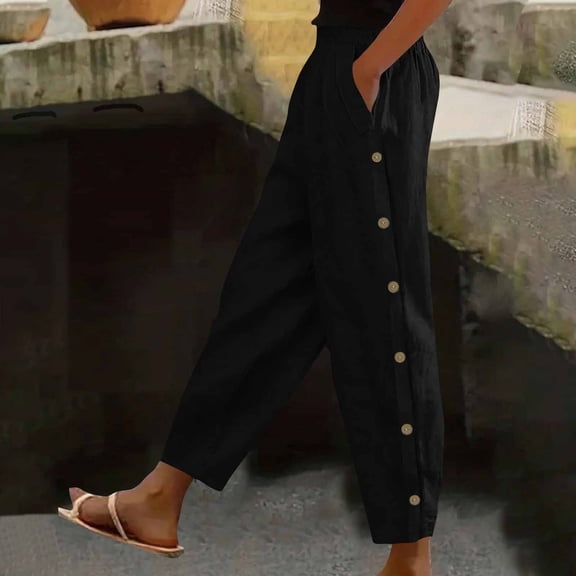 Oiangi Barrel Pants for Women Elastic Waist Fuax Linen Trousers with Side Button Deco Pockets Black S