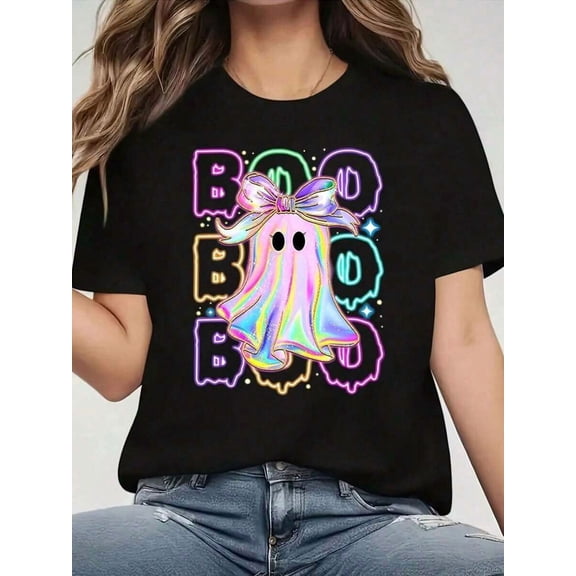 Women's T‑Shirt With Vibrant Neon Ghost Bow Design Halloween Party Apparel, Short Sleeve, Crew Neck, Casual Style, Playful Graphic Tee
