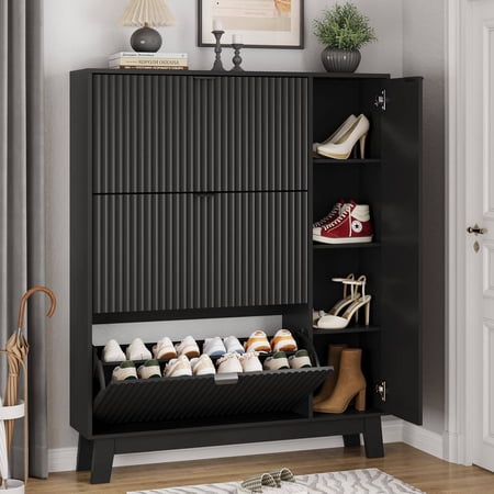 Tall Narrow Shoe Cabinet with 3 Flip-Out Drawers and Adjustable Side Compartment, 54" High Fluted Entryway Organizer for Hallway or Living Room, Solid Black